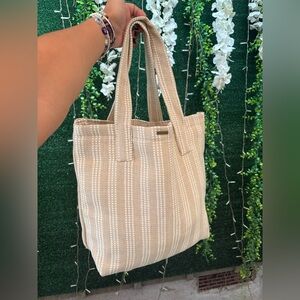 Beige and White Striped Tote Bag